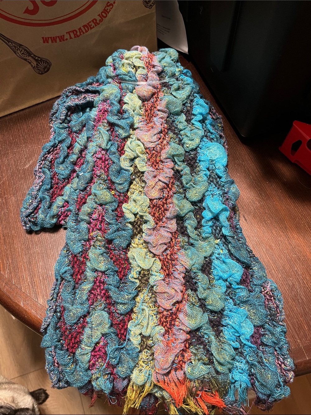 indigo soul Multicolor Ruffle Knit Scarf - Blue, Teal, Burgundy & Gold